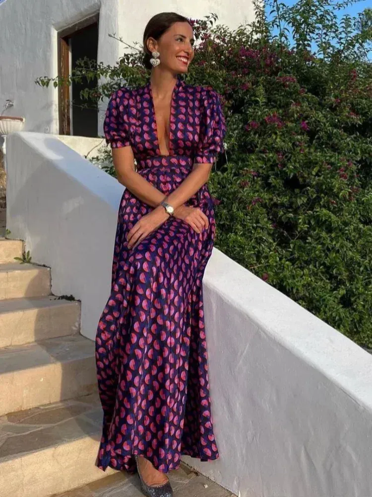 Purple A-Line Dress with Deep V-Neck and Sleeves for Women - Perfect for Summer Parties and Evening Events (2024 Collection)