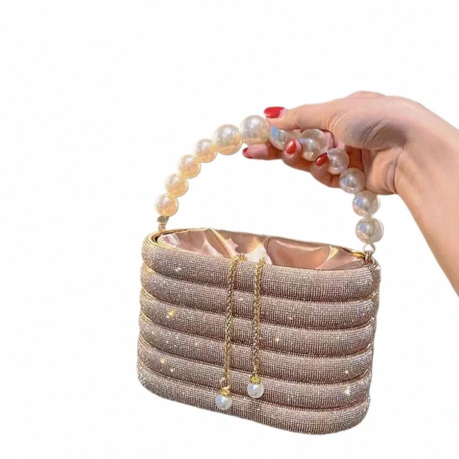 Crystal Metal Evening Clutch Band With Pearl Handle And