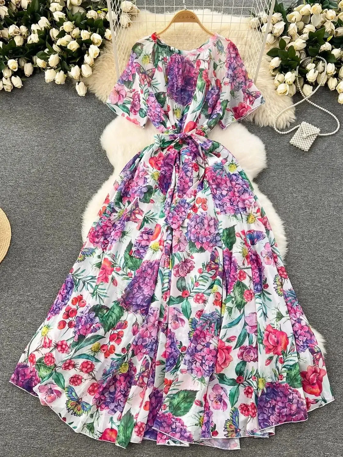 Flower Printed Chiffon Robe Dress for Women - Oversized Bow Collar, Short Sleeves, Lining - Perfect for Summer Holidays, Beach Parties, and Maxi Dress