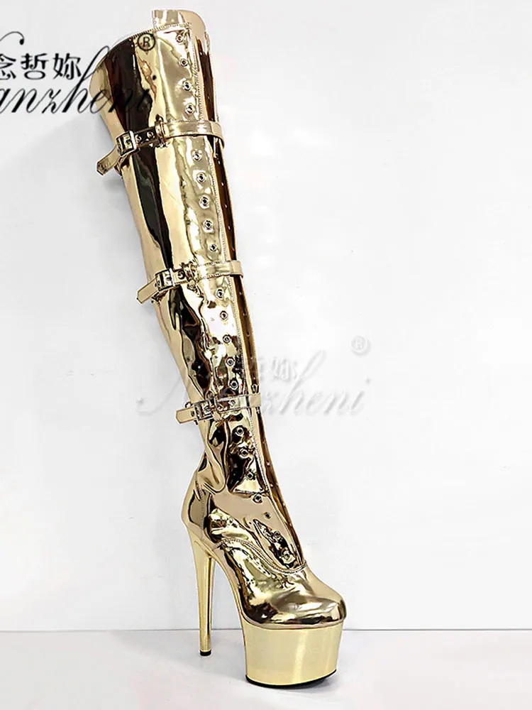 Gold Platform Pole Dance Boots 17cm High Heels, Sexy Exotic