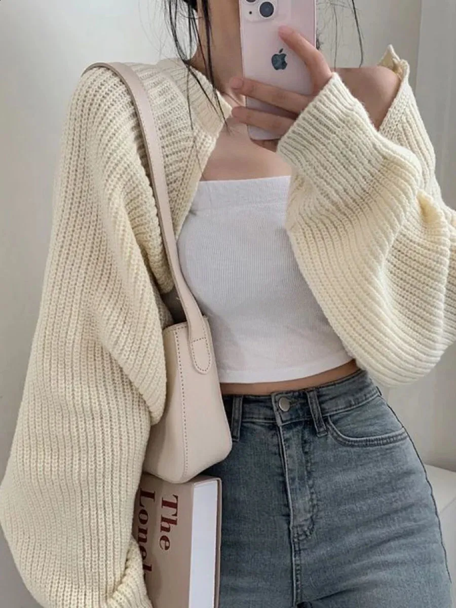 Women Y2k Knit Cropped Top Long Sleeve Cardigan Vintage Solid