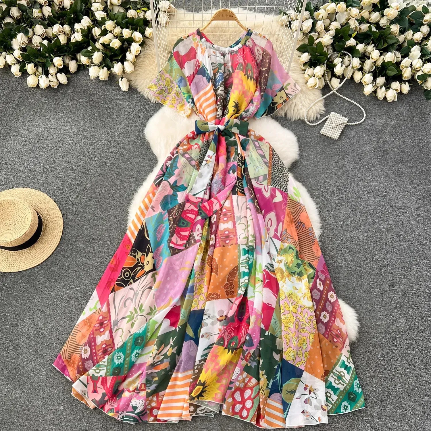 DHgate.com:Chiffon Floral Robe Dress | Short Sleeve Bow