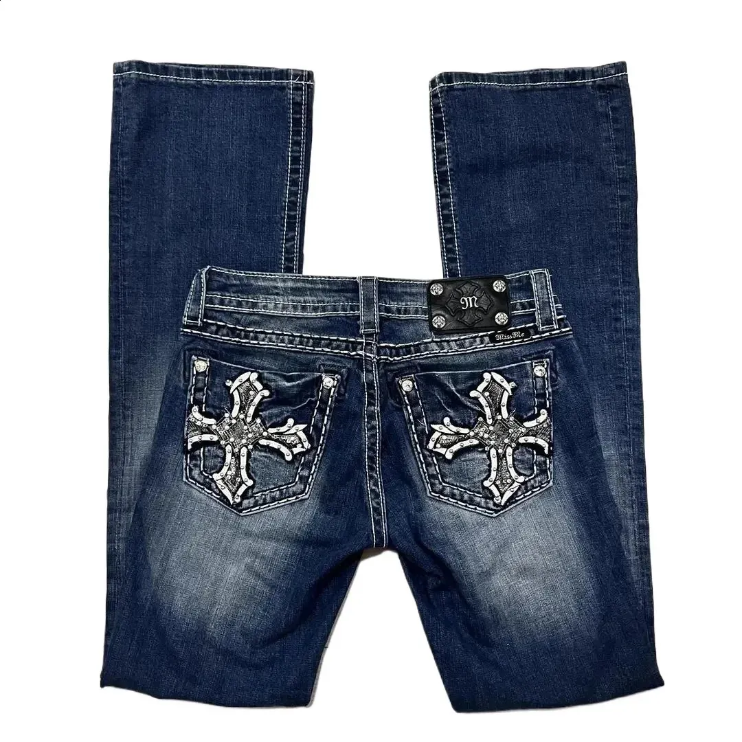 【INEGI】24fw Embroidery Bootscut Denim Pants Gothic Retro Boot Cut baggy jeans with Blue Denim Embroidery