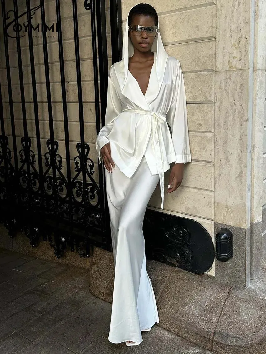 Save Big on Bulk White Blouses Skirt Sets Oymimi Elegant White Satin  Piece Womens Outfit With Hooded Collar Lace Up Shirt Slim Straight Skirt 