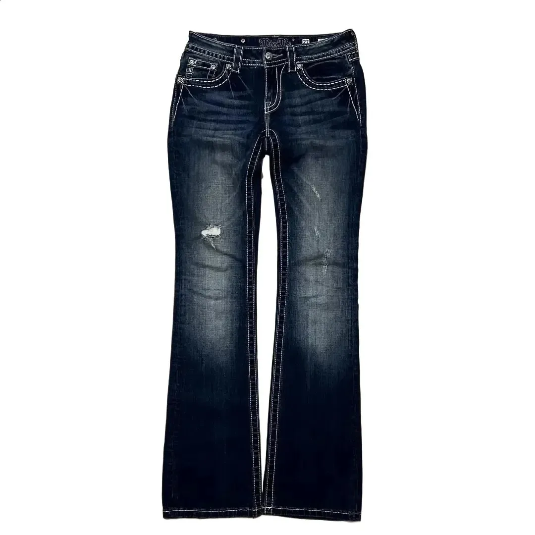 Gothic Retro Boot Cut baggy jeans with Blue Denim Embroidery