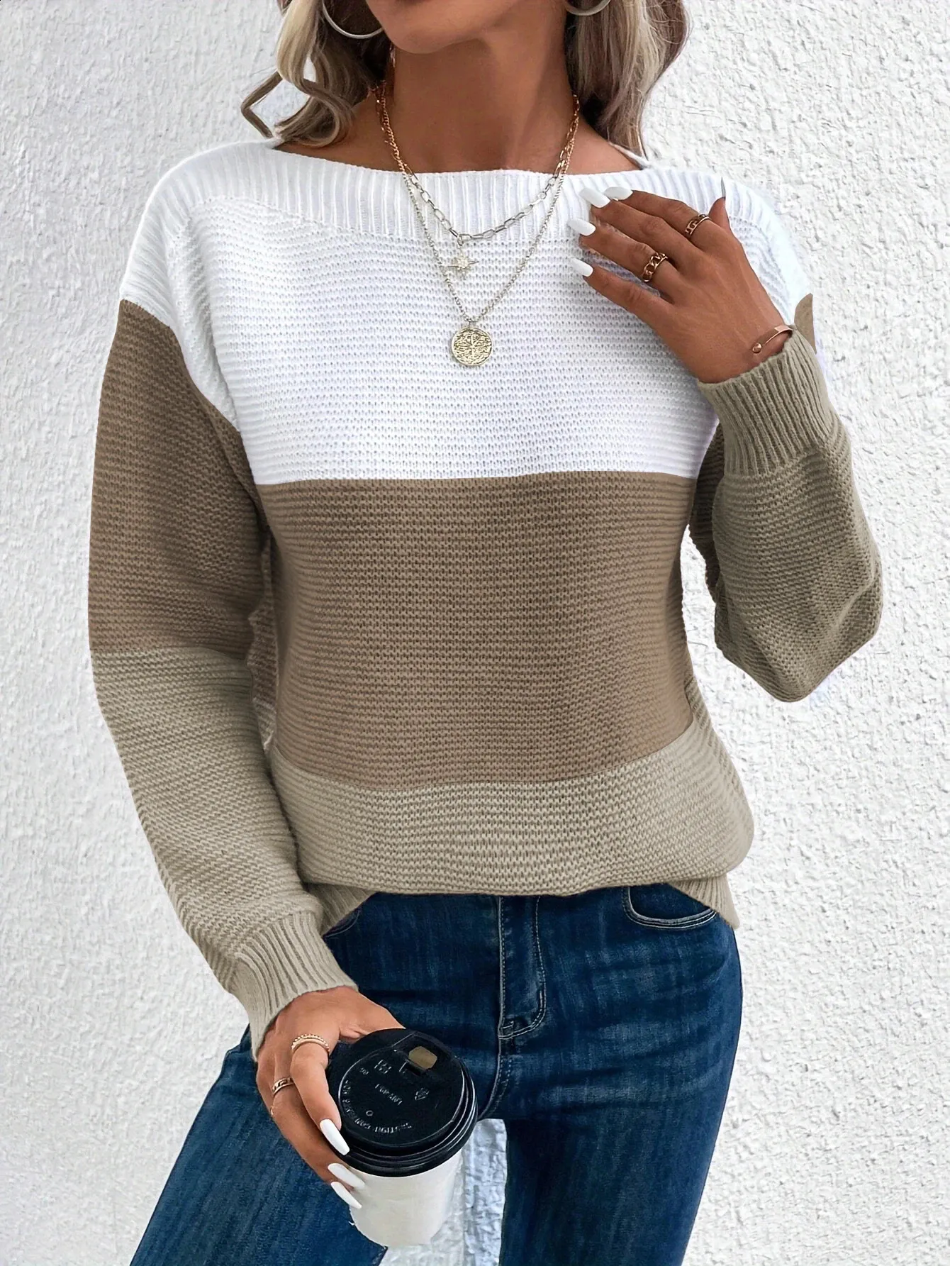Color Block Boat Neck Pullover Sweater Casual Long Sleeve Loose Sweater Womens Clothing 240731