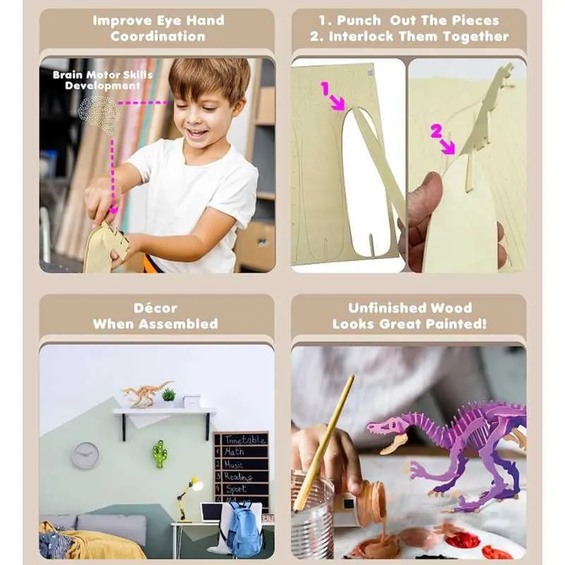 CUEMOON – 12 Dinosaures En Bois à Peindre Et Assembler – Puzzle 3D Kit Créatif Pour Filles Et Garçons – Idéal Anniversaire Et Activités Manuelles