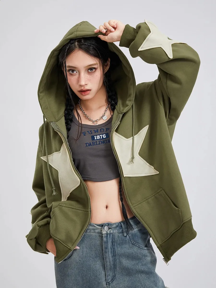 Y2k Star Print Zip Up Hoodie - Oversized Graphic Jacket