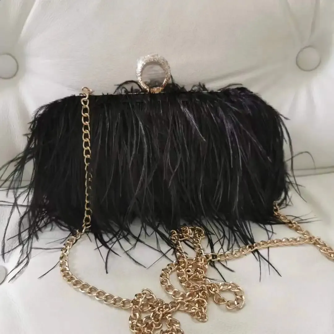 Ostitch Feather Clutch Bag Purse w Knuckle Ring Black Pink Purple White