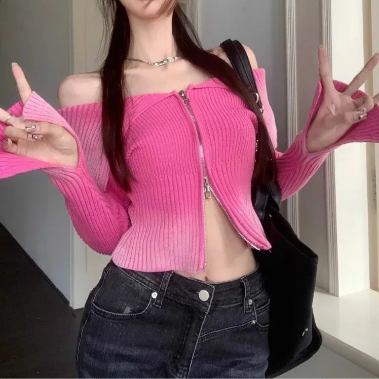 DHgate.com:Gradient Zip-Up Cardigan Top: Ribbed Crop Knit