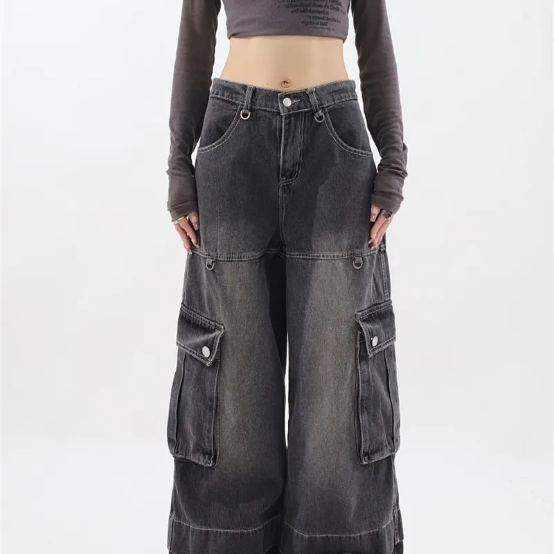 パンツ 00s archive baggy wide cargo black denim OTEEGX Cargo Pants for Men Women Baggy Jeans Y2k Grunge Wide