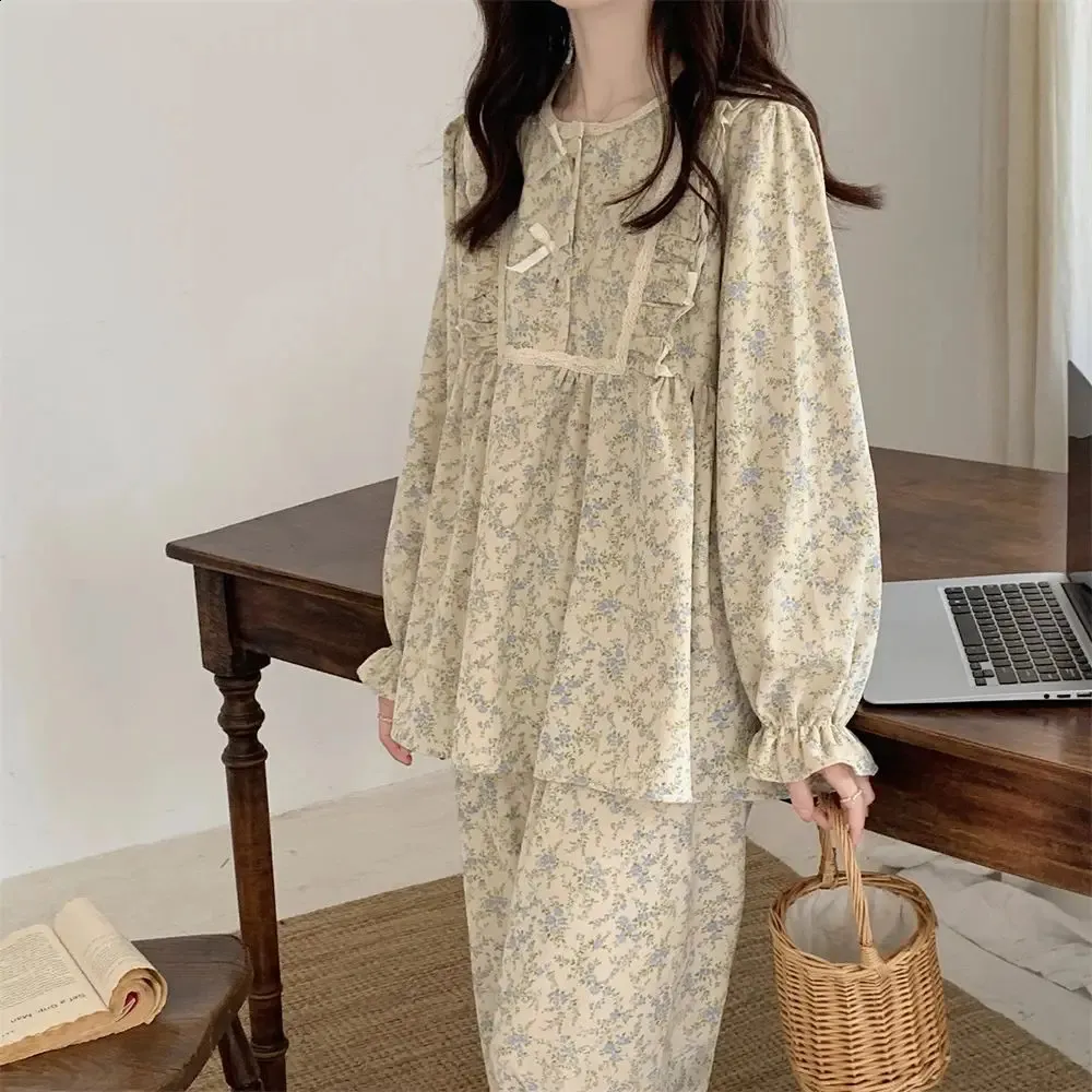 Vintage Women Pajamas Set Acrylic Floral Lace Sleepwear Long Sleeve ...