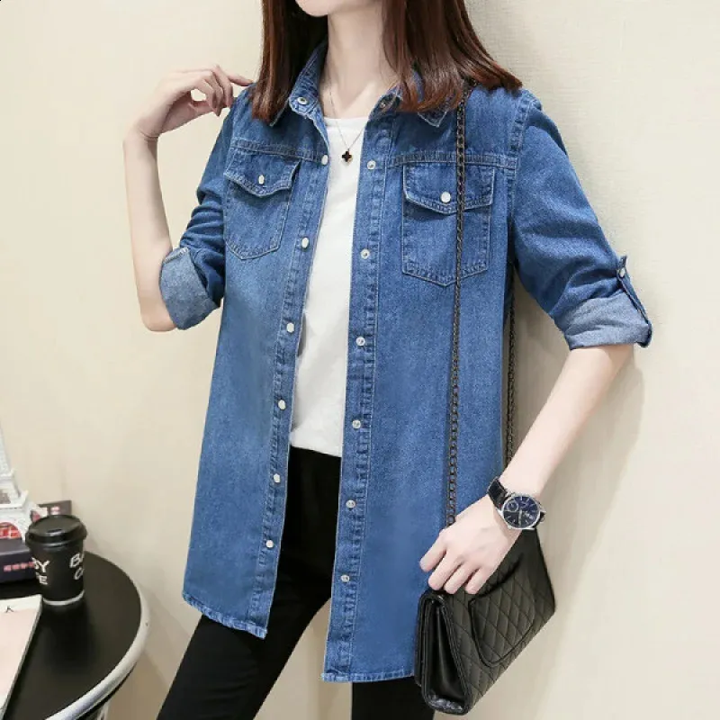 Denim Shirt for Women, Korean Style Cotton Long Sleeve Jeans Blouse, Lapel  Collar Slim Fit Ladies Shirt