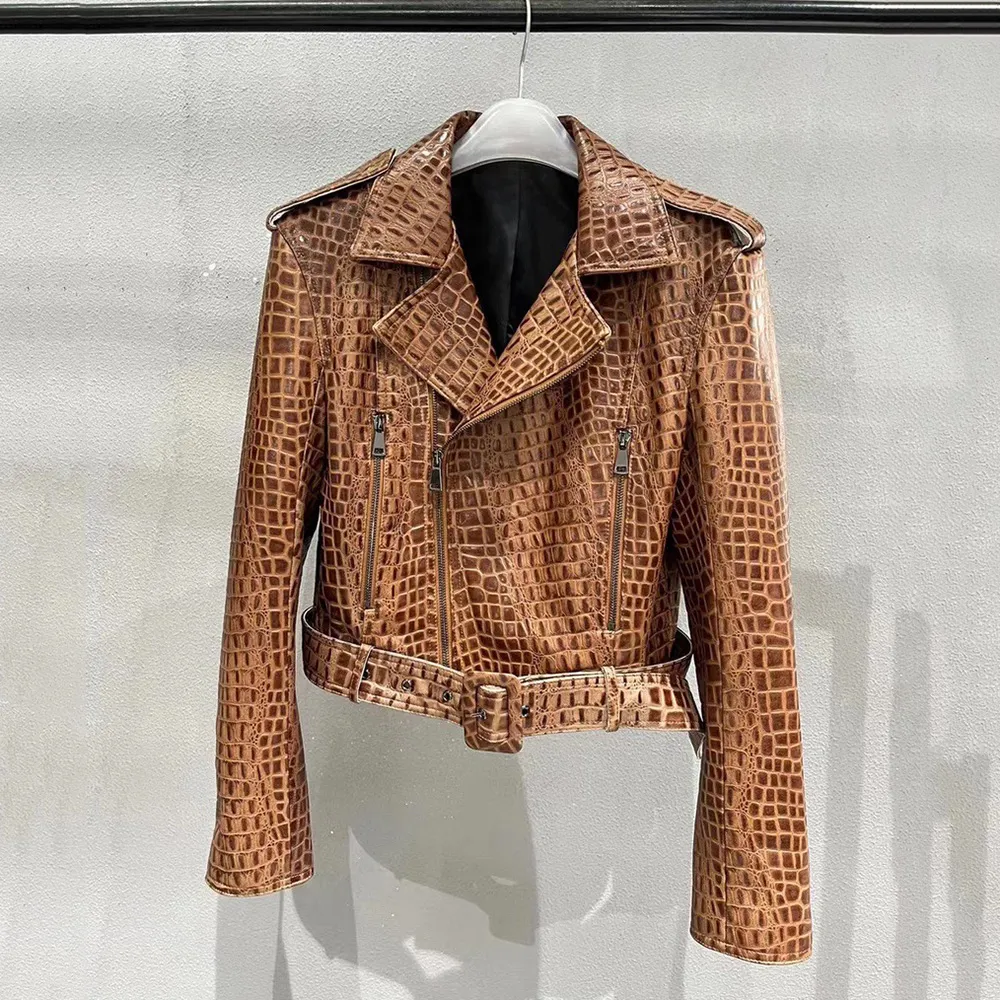 Crocodile Patterned Leather Jacket: European Punk Style