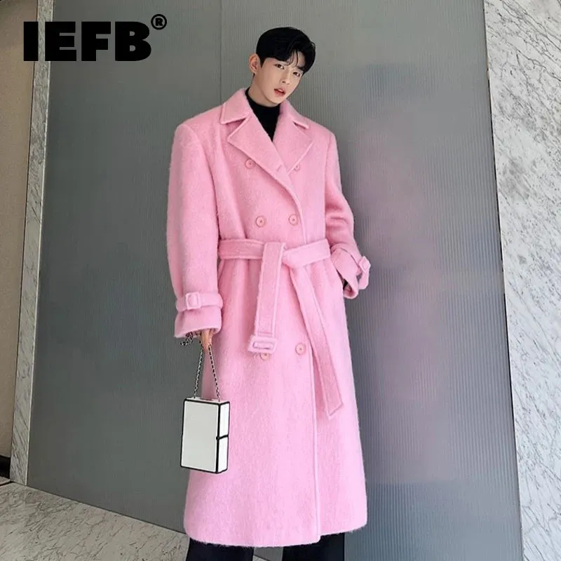 Mens Winter Double-Breasted Wool Blend Long Coat with Belt in