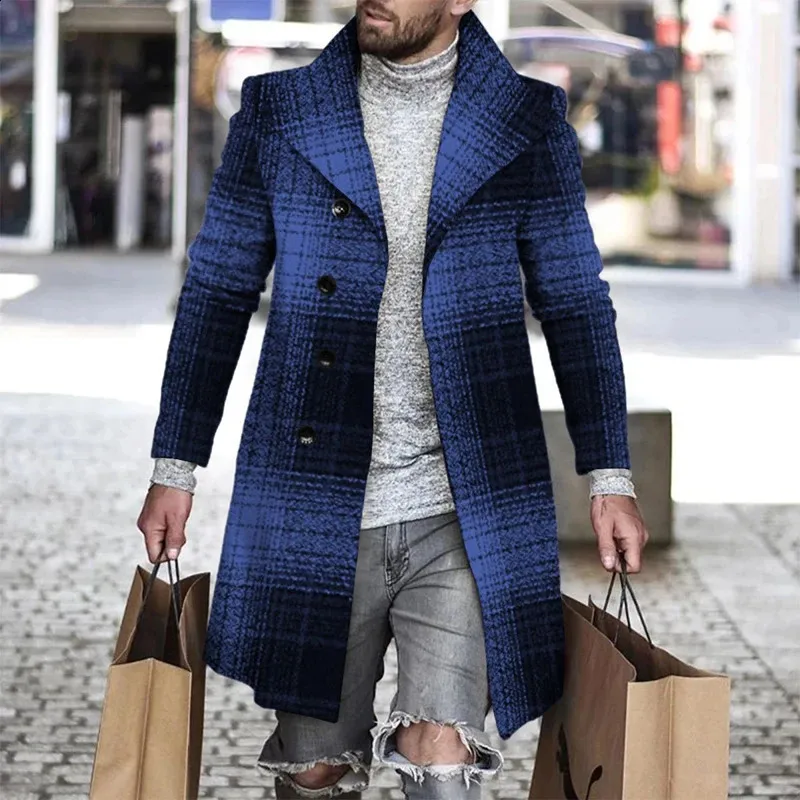 Retro Houndstooth Splicing Woolen trench coat for Men