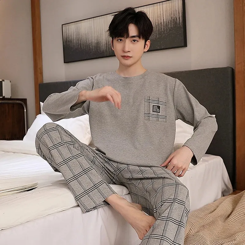 Men's Knitted Cotton Plaid loungewear set - Soft Long