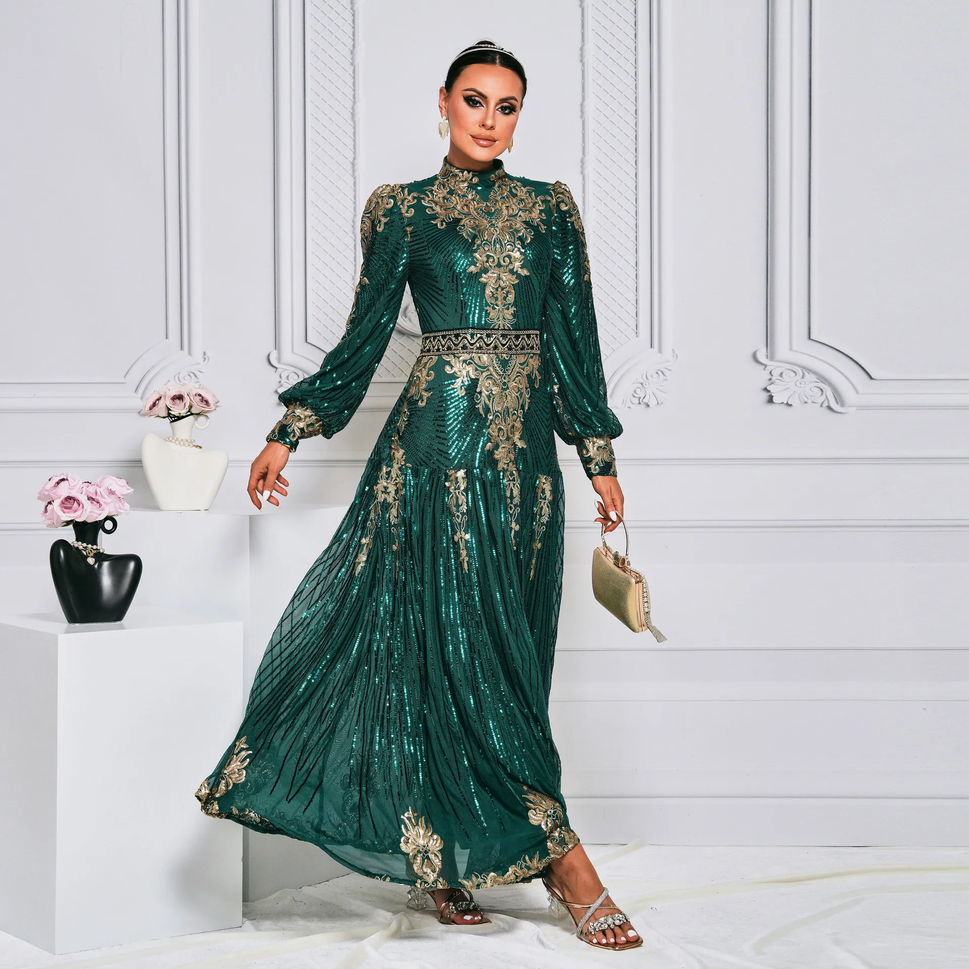 forest green modest dress Faviana Sequin Bodice Prom Dress 11005 Navy / 00 main image 1