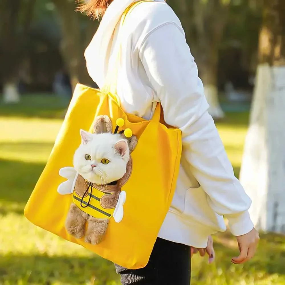 Cat Carrier On Chest: Cute Bee Shaped Pet Canvas Shoulder Bag