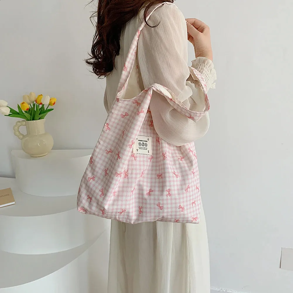 2024Plaid Canvas Shopper Tote Bag, Large Capacity Reusable