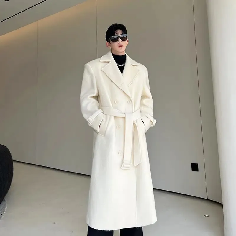 Mens Winter Double-Breasted Wool Blend Long Coat with Belt