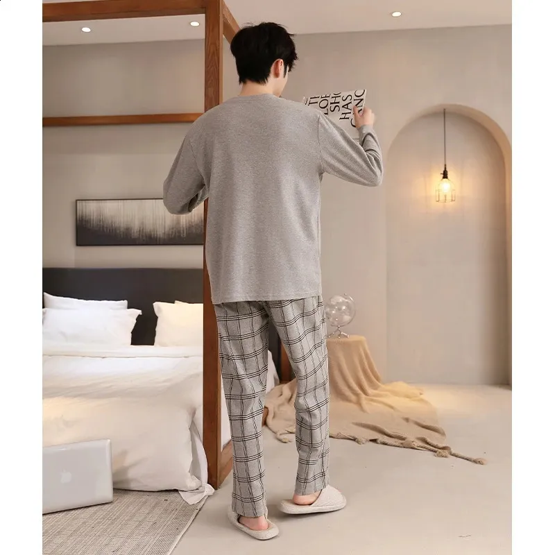 Cheap Men 2Pcs Spring Autumn Pajamas Set Long Sleeve Shirt