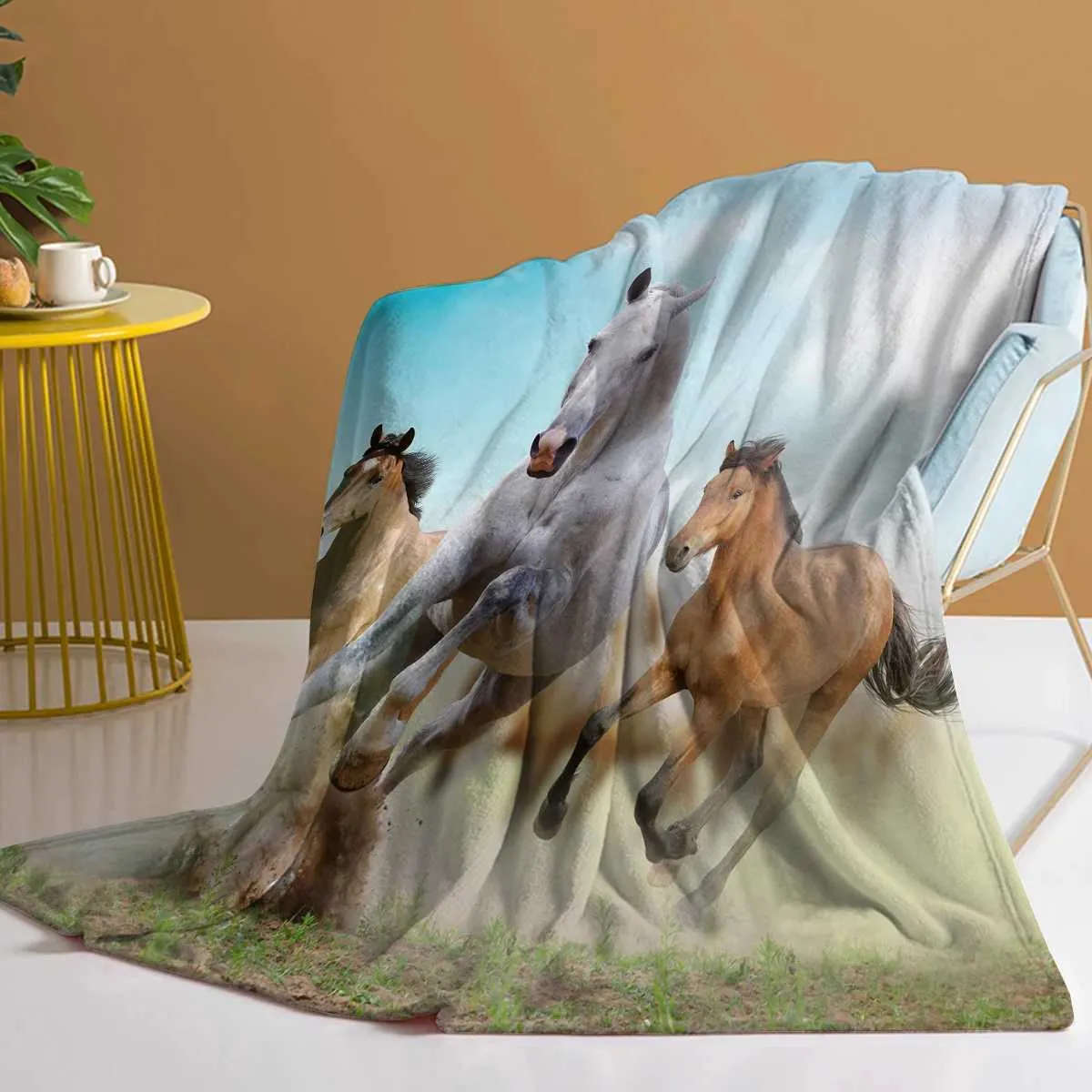 Running Horse Blanket Cozy Acrylic Woven Blanket for Couch Sofa