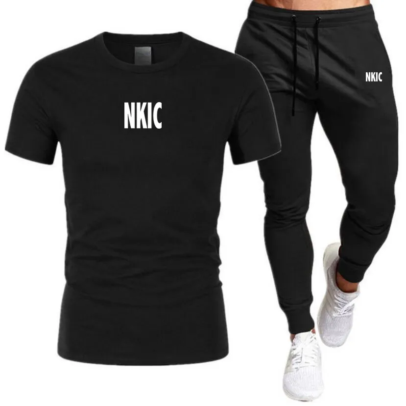 Men s 100 Cotton Black T shirt Sweatpants Suit 2024 Summer Streetwear Sportswear Set