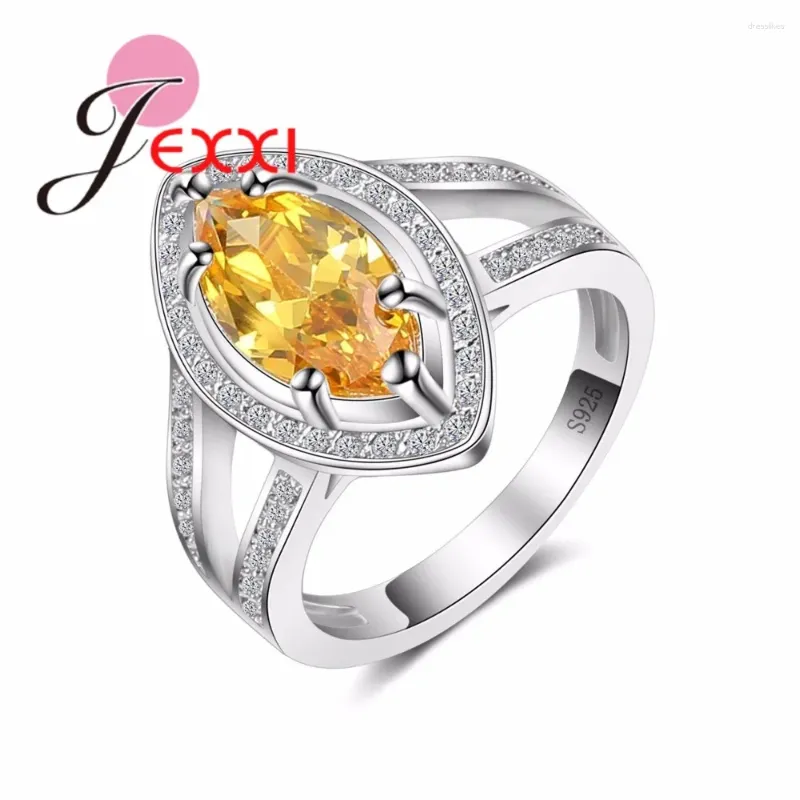 Anillos de racimo encantador lanzadera 925 anillo de aguja de plata esterlina circón amarillo hueco para mujeres fiesta compromiso regalo único