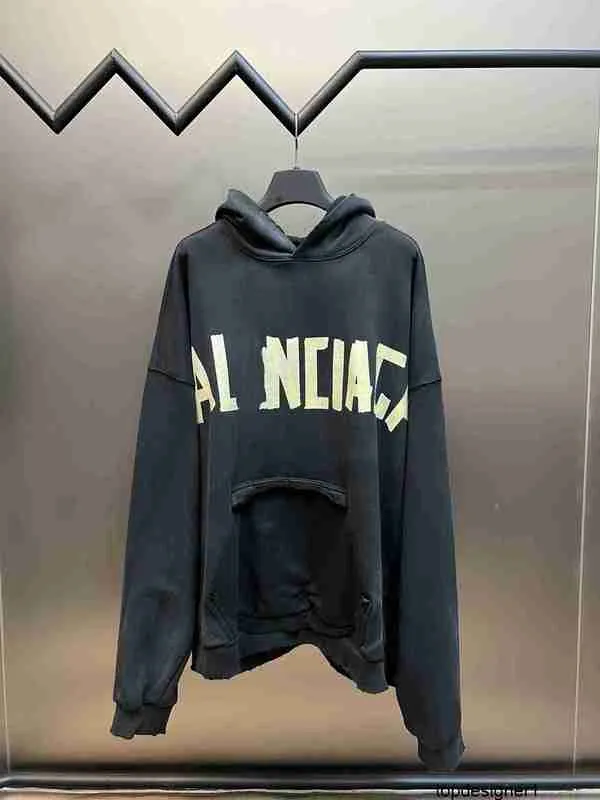 Designer High versione B famiglia 23ss stile autunno e inverno felpa con cappuccio stampata con lettera su nastro, lavata e invecchiata, stile unisex 93AG