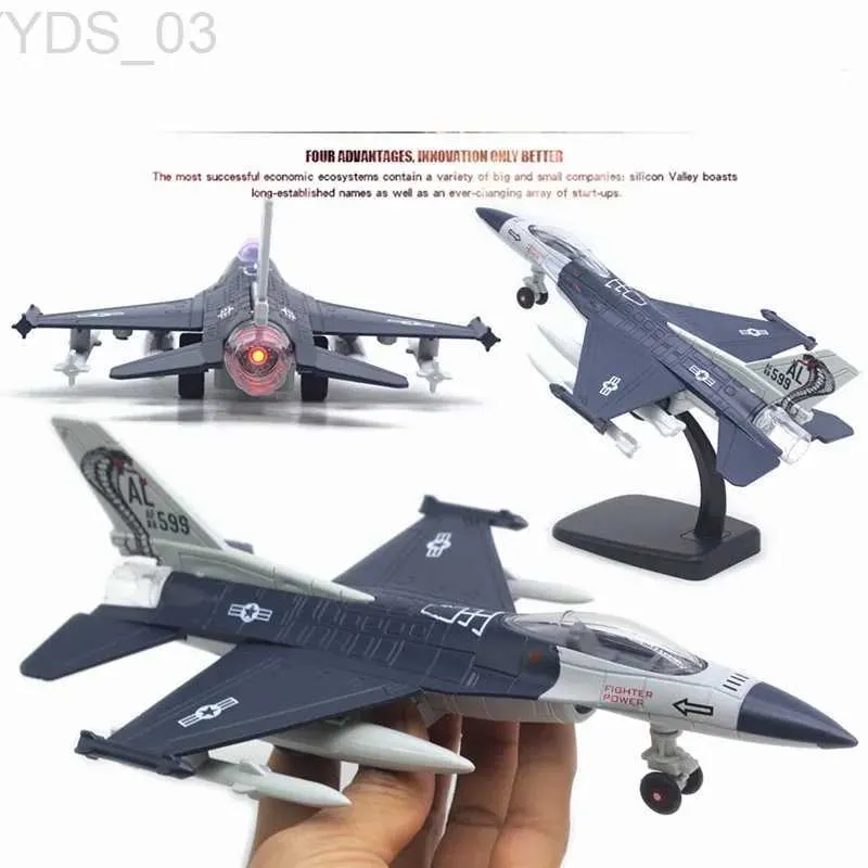 航空機のモドルホット販売新しい100合金プルバックF-16ファイターモデル品質シミュレーションサウンドとライトチャイルドレンズトイ航空機装飾品YQ240401