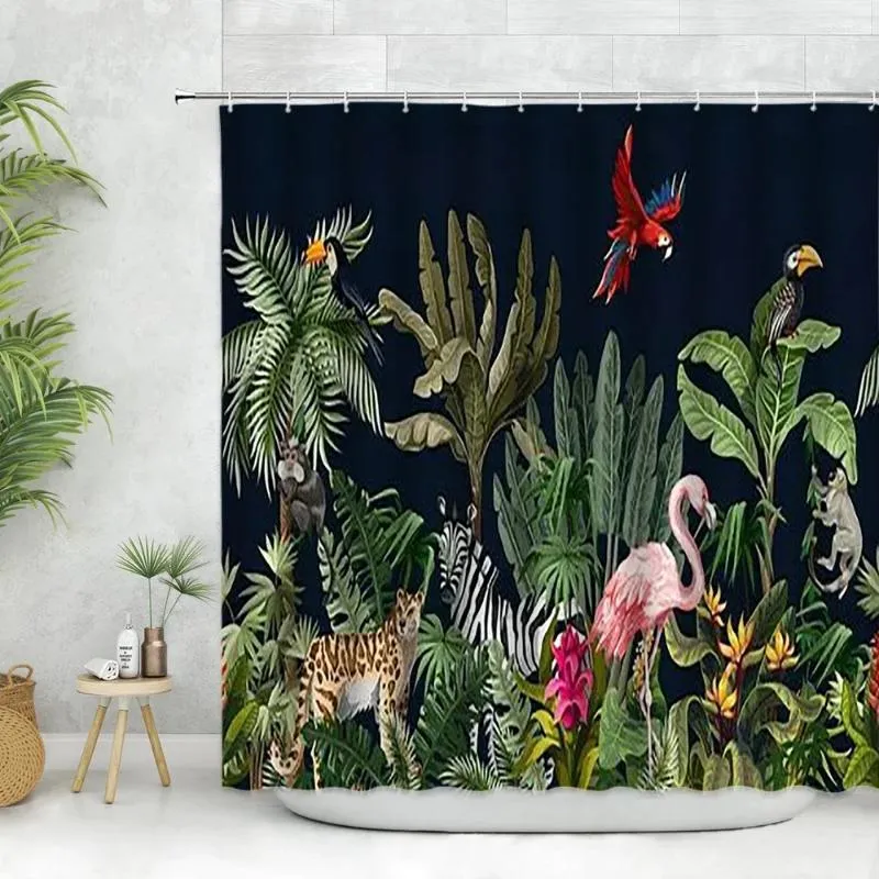 Cortinas de chuveiro palmeiras tropicais conjunto folhas animais flamingos papagaio tigre aquarela paisagens decoração do banheiro tecido