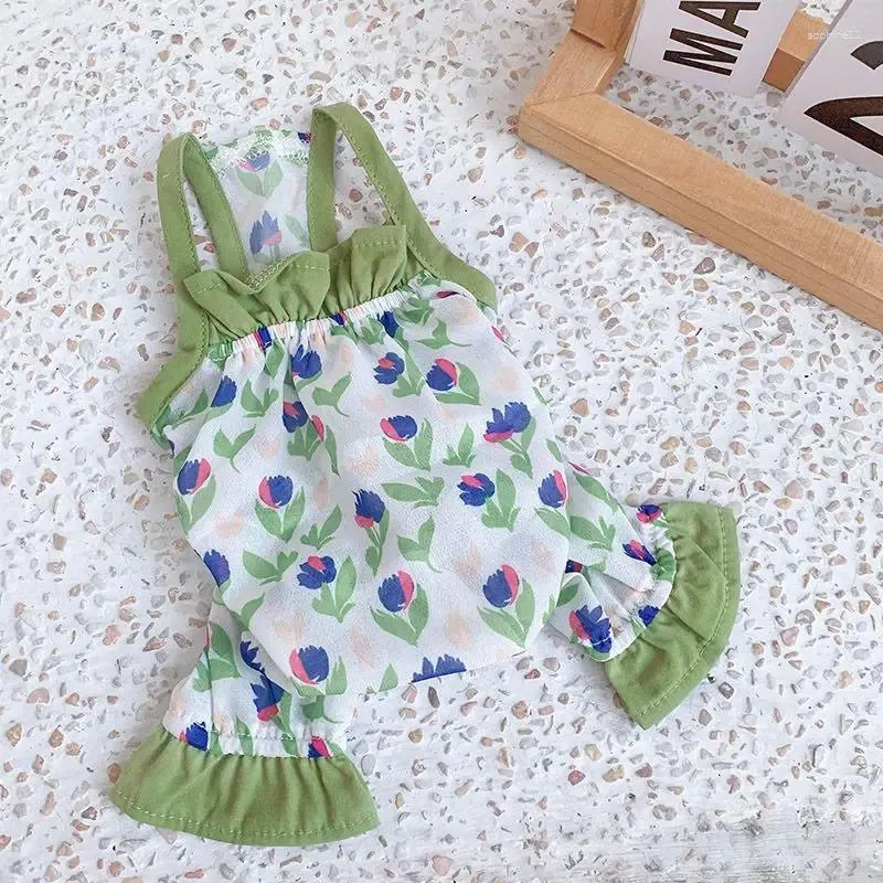 Dog Apparel Pet Clothing Suspender Jumpsuits For Dogs Clothes Cat Small Flower Print Cute Thin Spring Summer Green Yorkshire Accessories