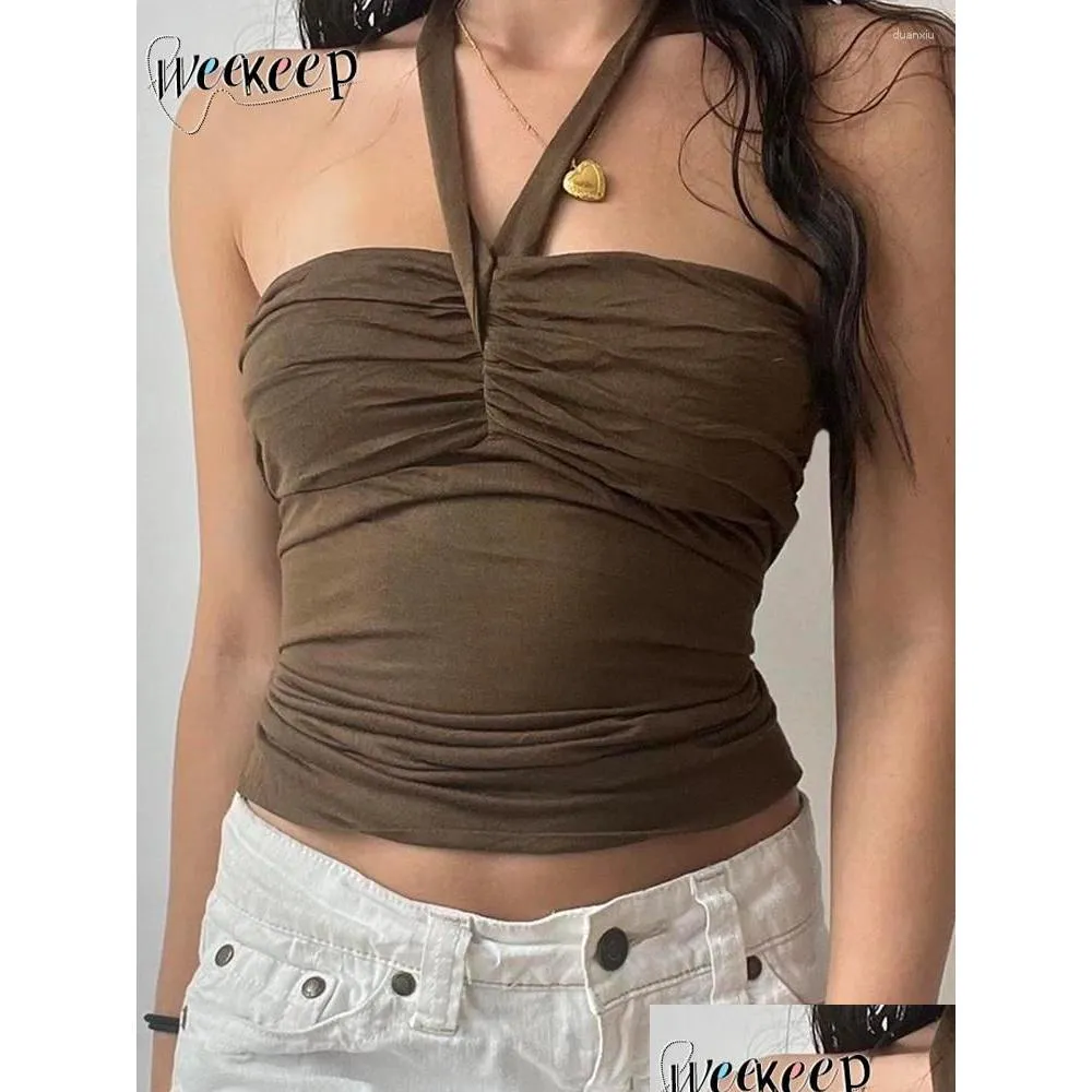 Canottiere da donna Camis Weekeep Vintage Solid Crop Top Donna Y Skinny Senza maniche Pieghe Halter Tees Ladies Grunge 2000S Summer Holiday Mini Ot2D3