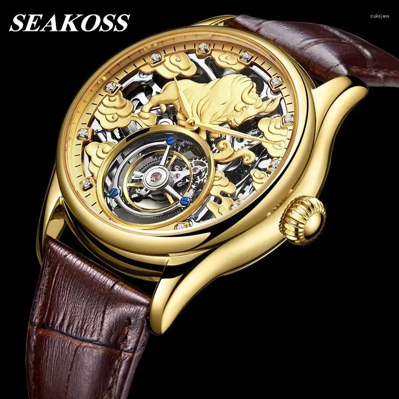 Montres-bracelets Mode Authentique Squelette Tourbillon Zodiac Vache Horloge De Luxe Mécanique En Acier Inoxydable En Cuir Hommes Saphir Montre