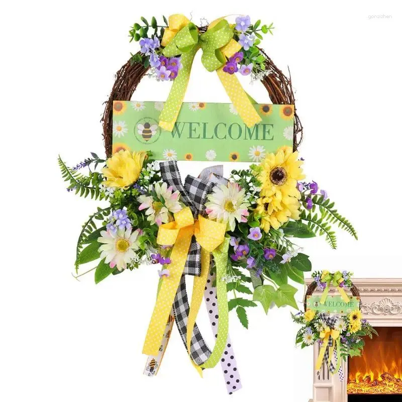 Decorative Flowers Spring Door Wreath Artificial Flower Bow Eucalyptus Wreaths Summer Fall Festival Farmhouse Hangings Decor Porch