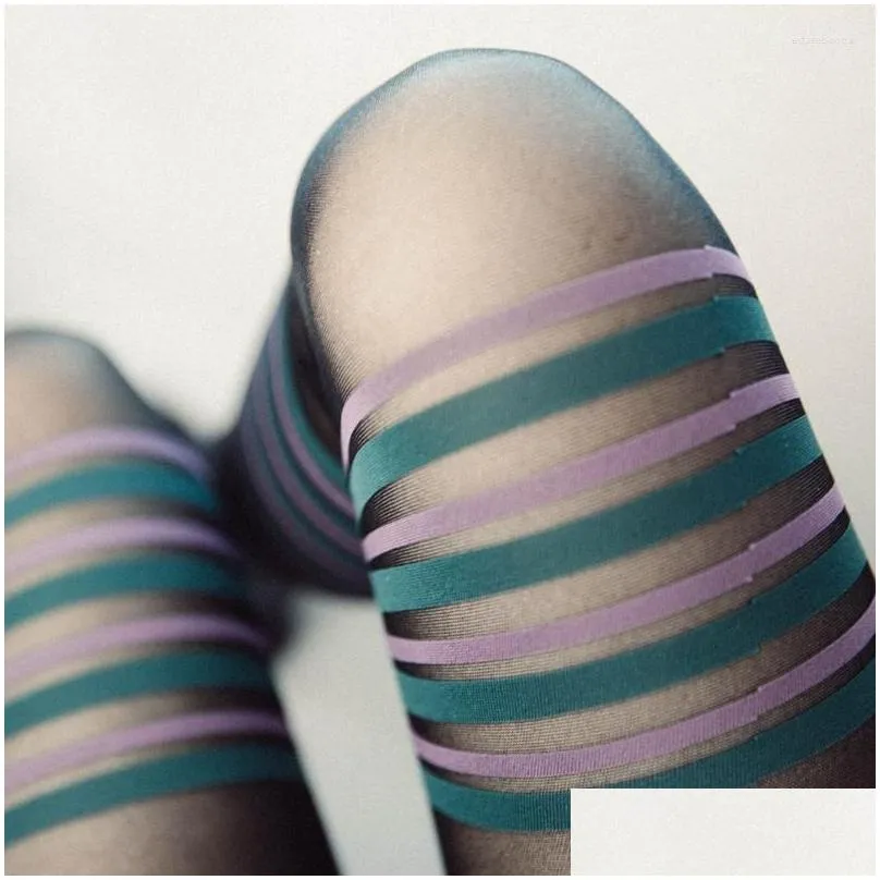 Socks Hosiery Women Jk Lolita Stripes Transparent Stockings Y Pantyhose Fashion Green Purple Tights Woman Temptation Thigh High Drop D Dhbnf