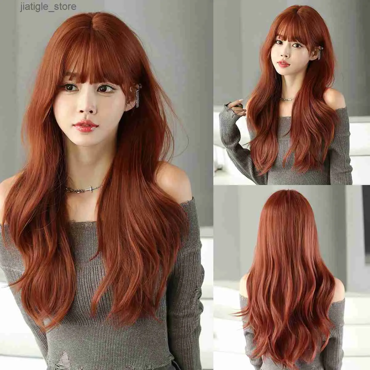 Synthetic Wigs NAMM Deep Orange Long Wavy Wig For Woman Daily Party Cosplay Middle Part Natural Synthetic Wig Heat Resistant Fiber Y240401