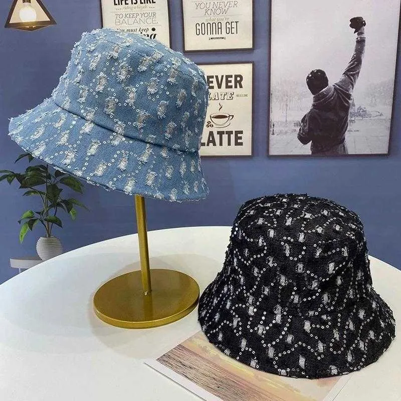 Cowboy Hole Fisherman Cappello Versatile per le donne in primavera ed estate con pacco di bacino di paillettes alla moda che copre il viso da sole da sole ombreggiatura da sole cappello da sole