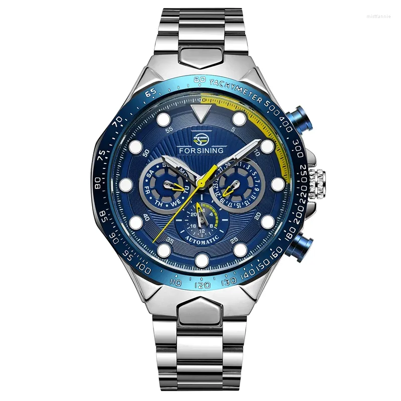 Наручные часы с синим циферблатом, серебряным ремешком, роскошные мужские часы Ditong с красным указателем, автоматические механические часы