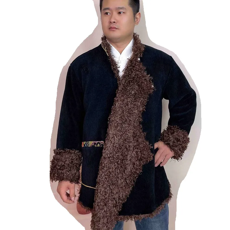 Tibetan Mens Corduroy Ethnic Coat With Faux Fur Trim From