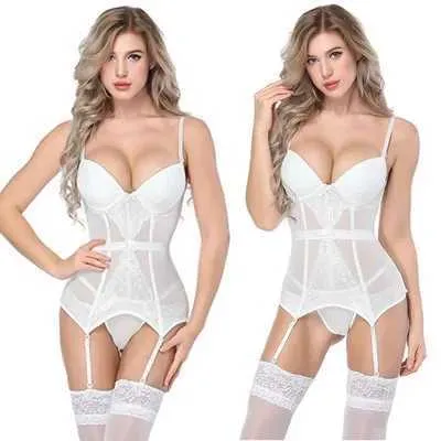 Sexig pyjamas Sexiga strumpor Suscher Set Womens Fashion Corset Lace Corset med korsettbälte genomskinligt klänning Vit Vest Sexig underkläder 240330