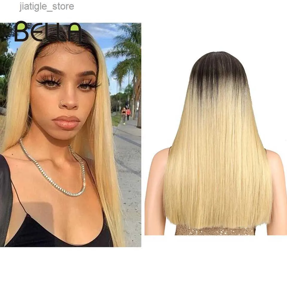 Syntetiska peruker Bella syntetiska T-Part spets peruk rakt hår ombre blond rosa lila blac 7 färger för kvinnor 20 tum middande värmebeständig peruk y240401