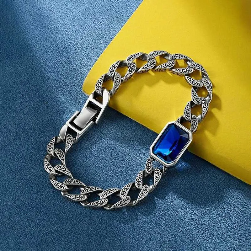 S925 Sterling Silver Mens Bracelet Retro Tangcao Chain with Blue Crystal,  Gift Jewelry for Couples, Party Accessory