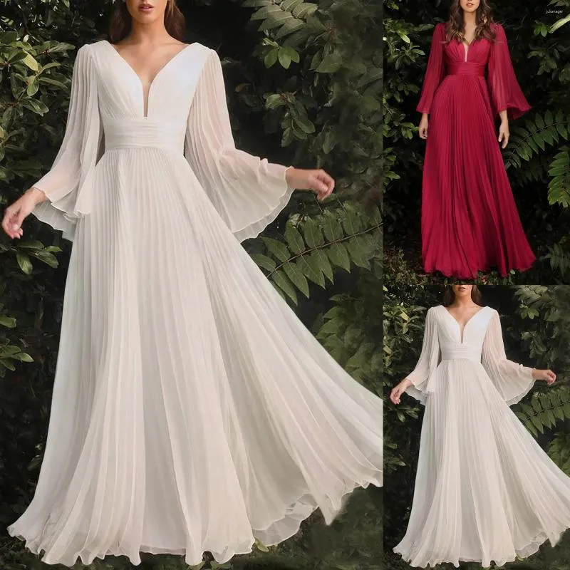 Casual Dresses Women Elegant Deep V Maxi Dress Solid Color Flare Long Sleeve Ladies Evening Party Prom Ruched Pleated Swing