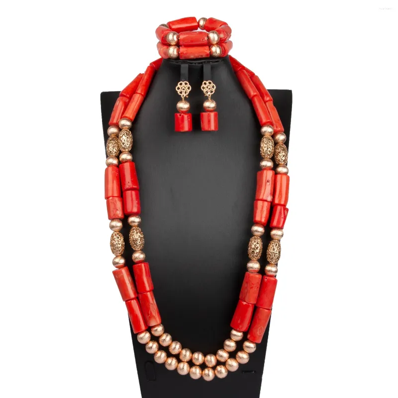 Ensemble de boucles d'oreilles et collier en corail Orange pour femmes, 2 rangées, Bracelet nigérian, dubaï, perles de mariée africaines, bijoux pour femmes (fleur)