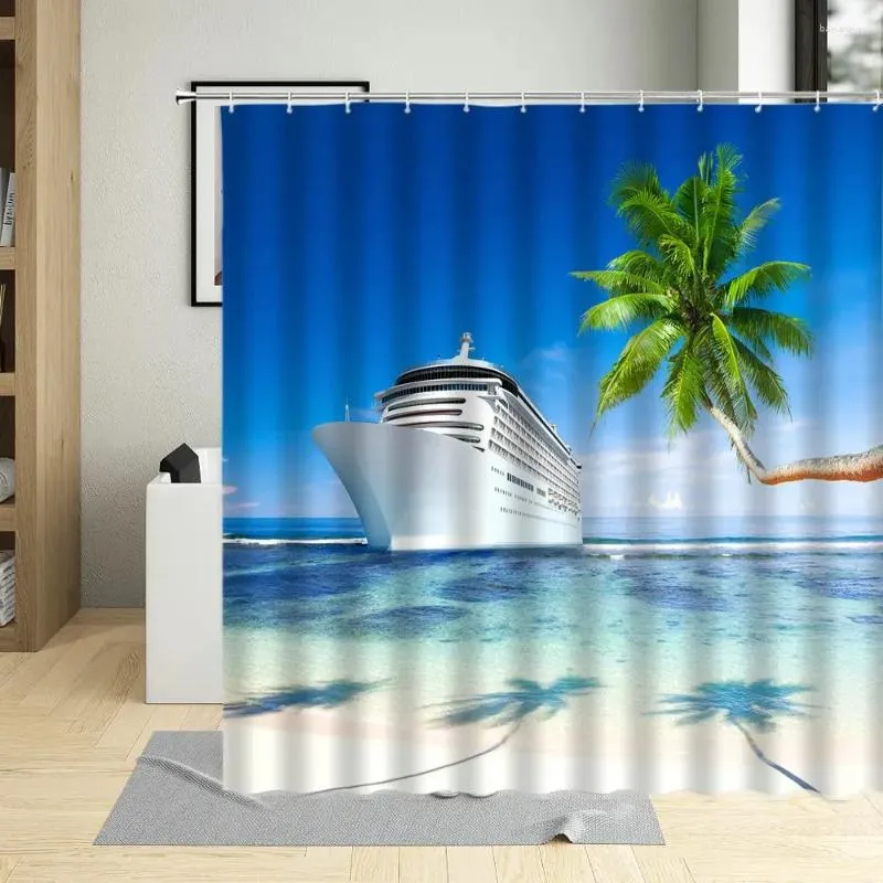 Dusch gardiner semester maritim ångfartyg gardin sandiga stranden stora havs solljus hem dekorativ tyg badrum med krok tvättbar tyg