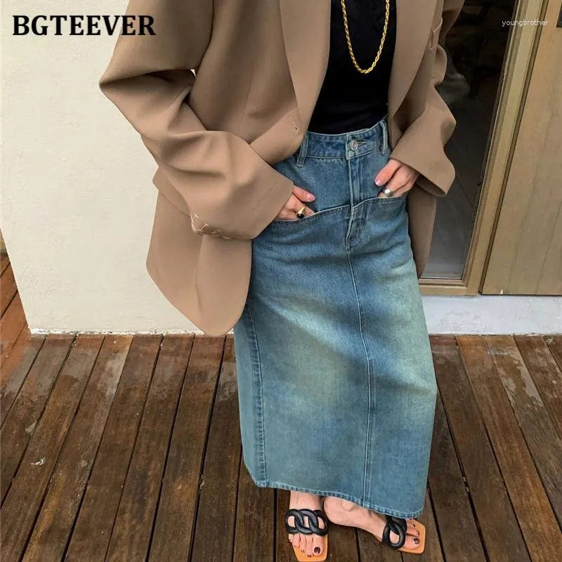 Spódnice Bgteever Vintage High talia umyte damskie damskie dżinsowe wiosenne jesień podzielone proste dżinsy dla kobiet