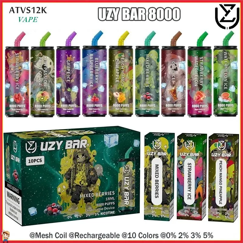 Bar Uzy Original 8000 Puffes Disposables Vape Rechargeable Mesh Bobine E-cigarettes Puff 8K 18ML PRÉFILET CARTS 0% 2% 3% 5% 10 FLAVORS