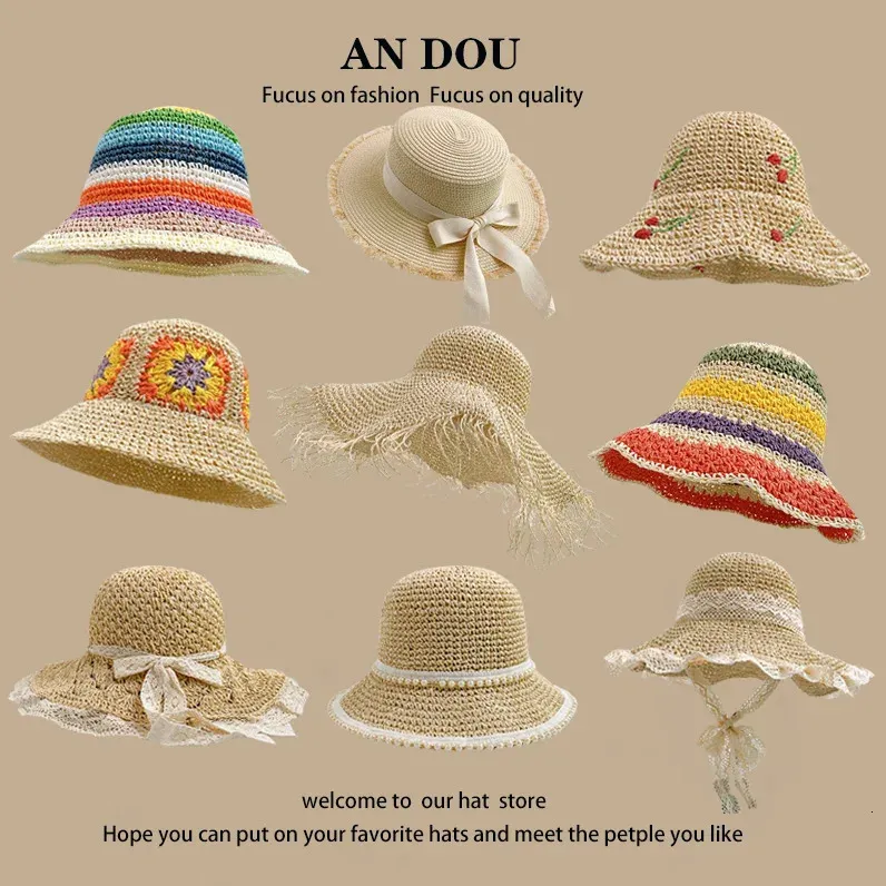 Spring Summer Korean Sweet Big Brim Straw Sun Hat Women Seaside Sunshade Sunscreen Bucket Basin 240320